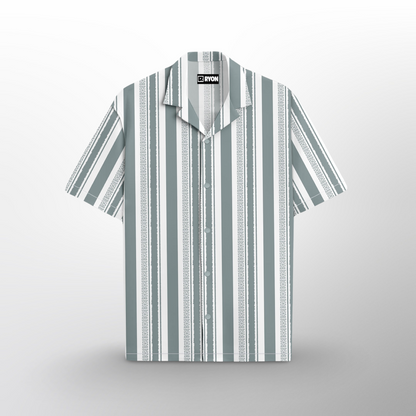 GREY STRIPS PATTERN PRINT CAMP COLLAR RELAXED-FIT RESORT SHIRT