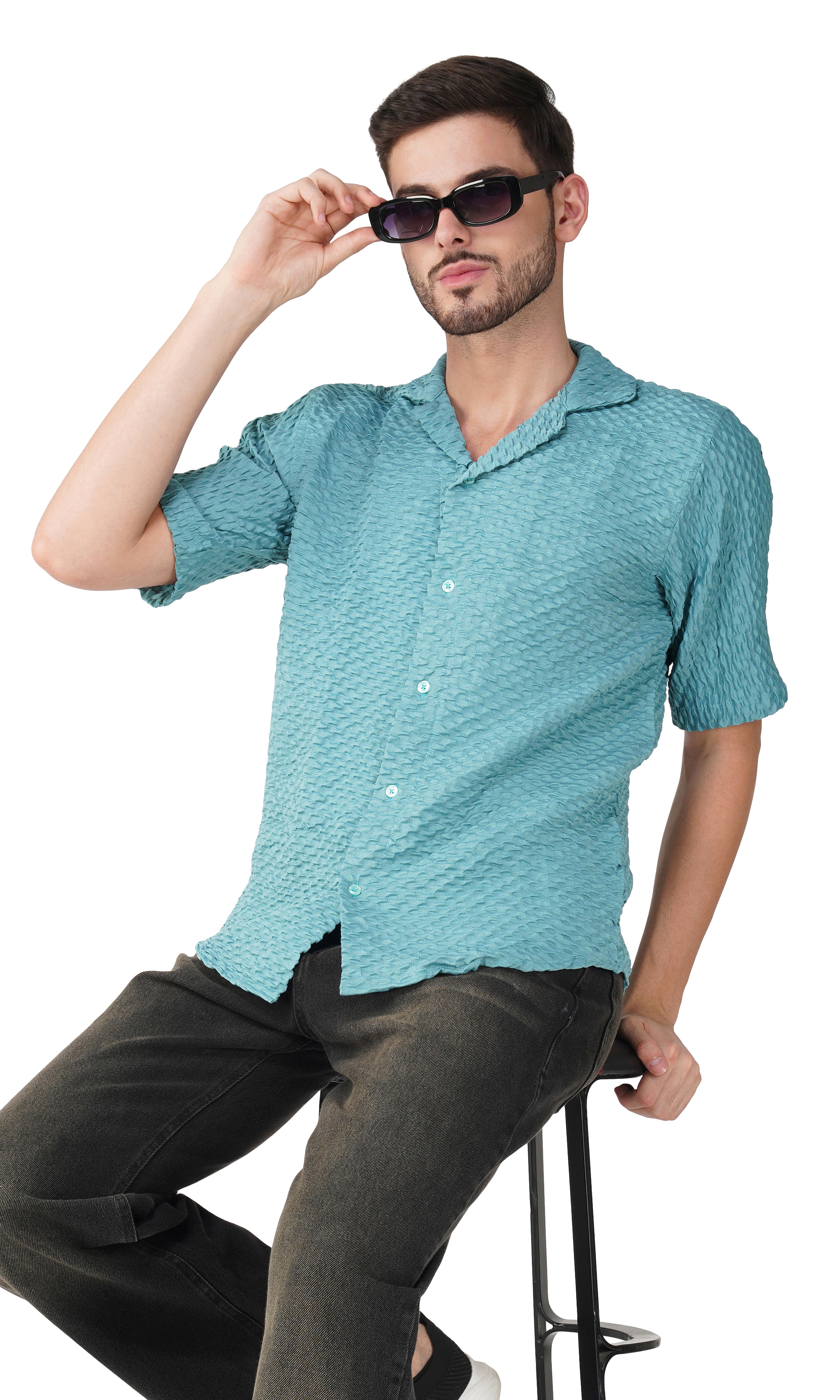 RYON POPCORN SEAGREEN HALF SLEEVE CAMP COLLAR SHIRT