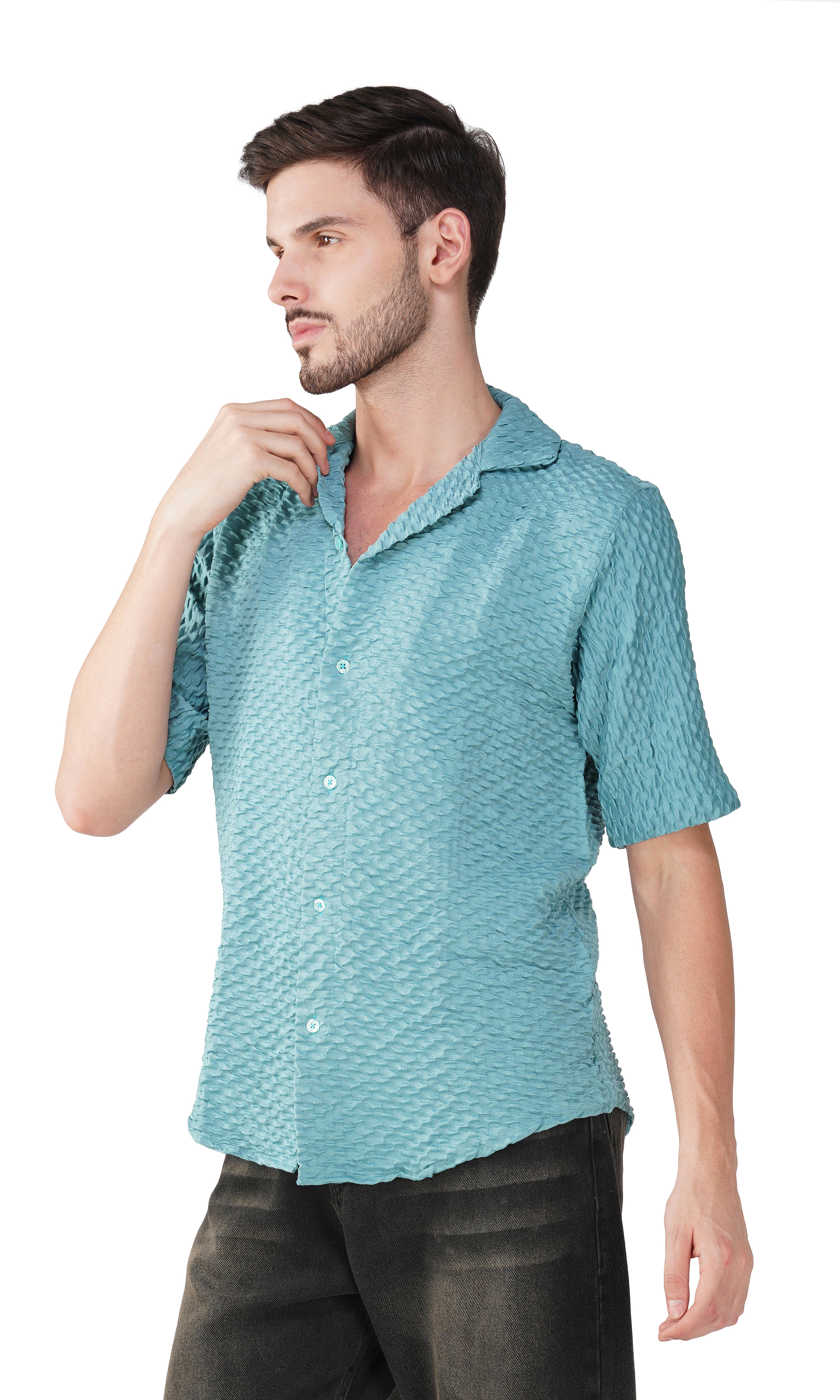 RYON POPCORN SEAGREEN HALF SLEEVE CAMP COLLAR SHIRT