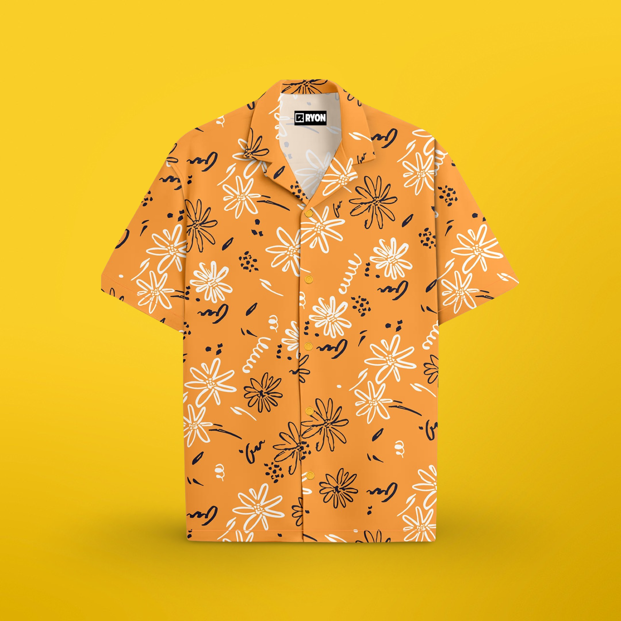 RYON MUSTARD YELLOW FLORAL PRINTED CAMP COLLAR DROP SHOULDER RESORT SHIRT