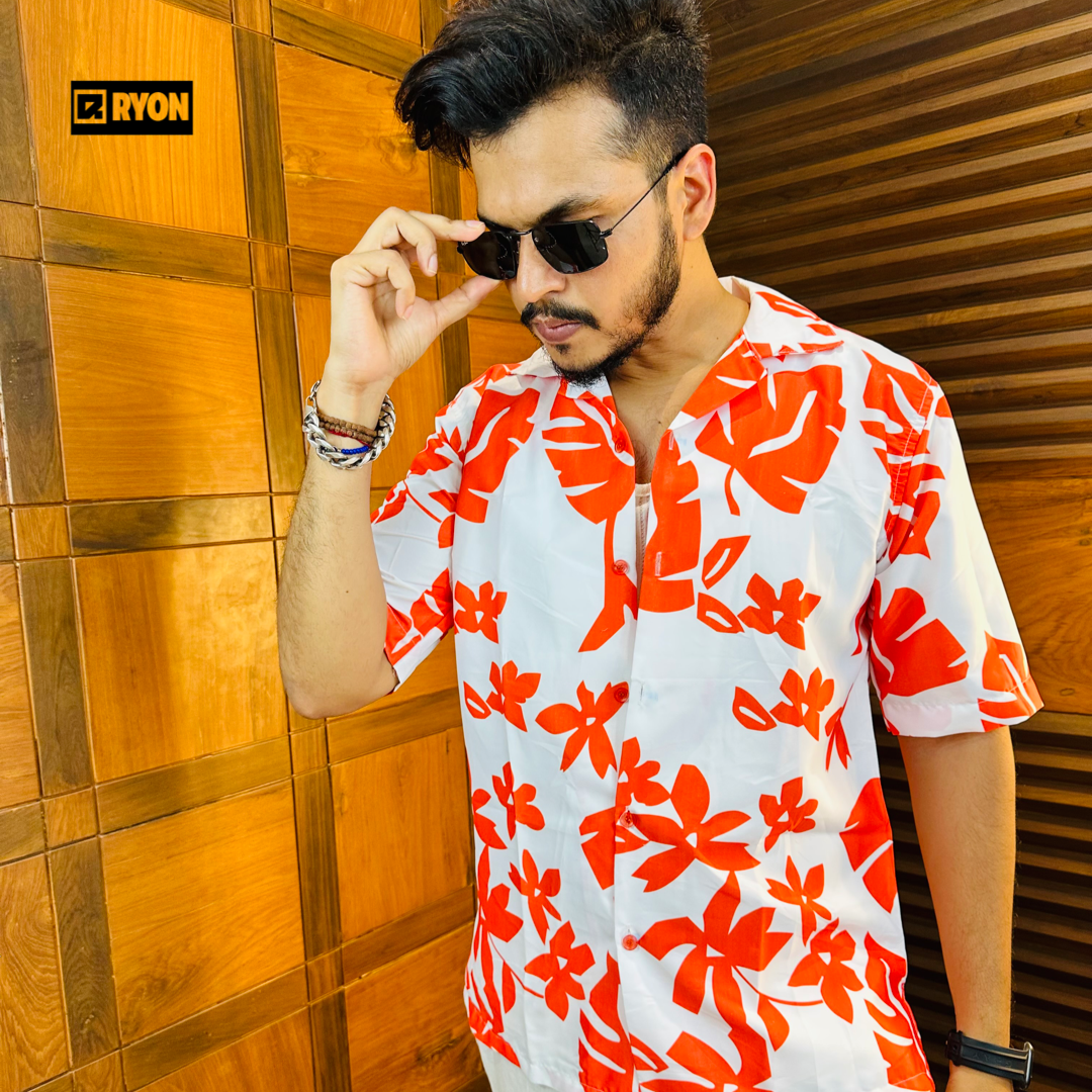 BUY RYON ORANGE FLORAL WITH WHITE COMBINATION CAMP COLLAR BEACH SHIRT | RYON