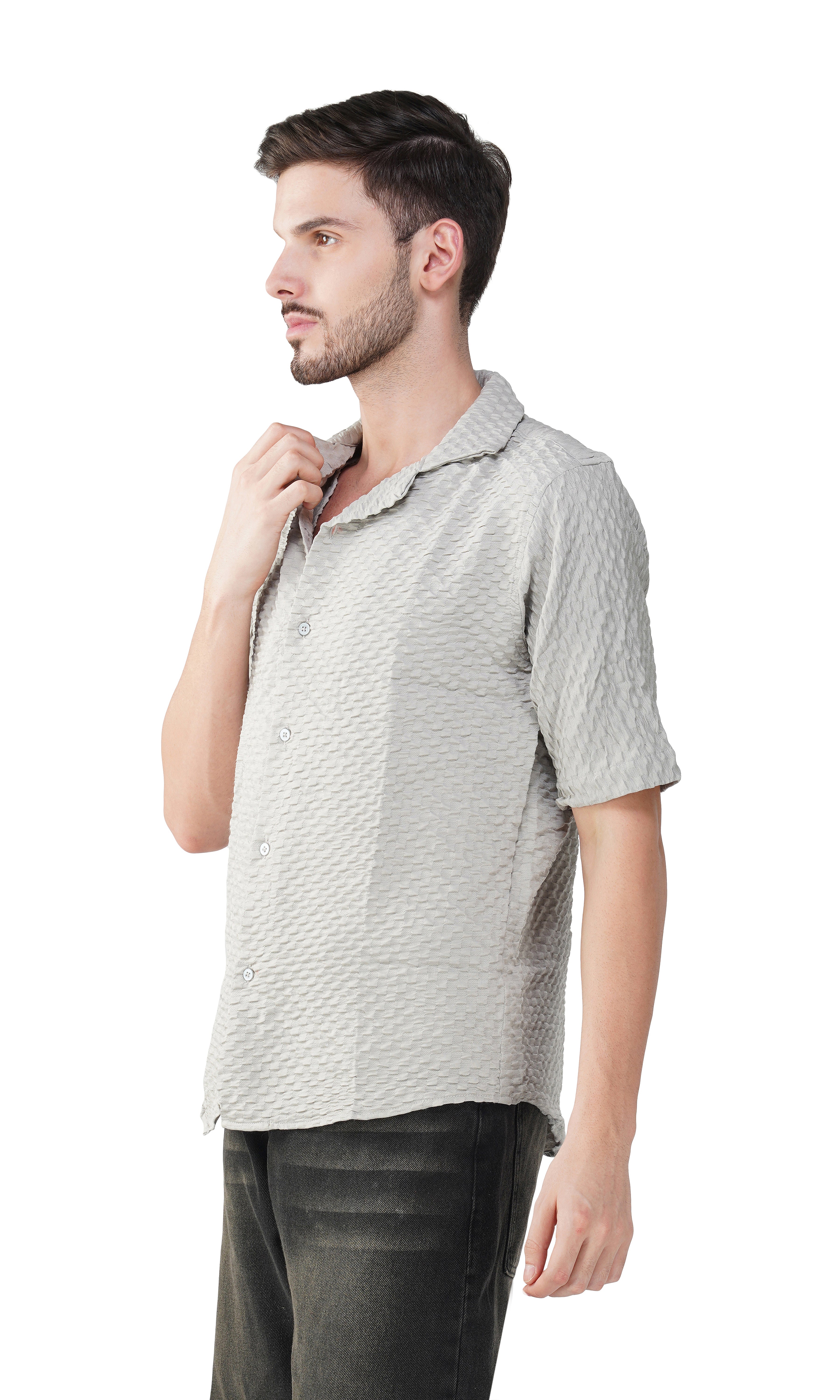 RYON POPCORN GREY HALF SLEEVE CAMP COLLAR SHIRT