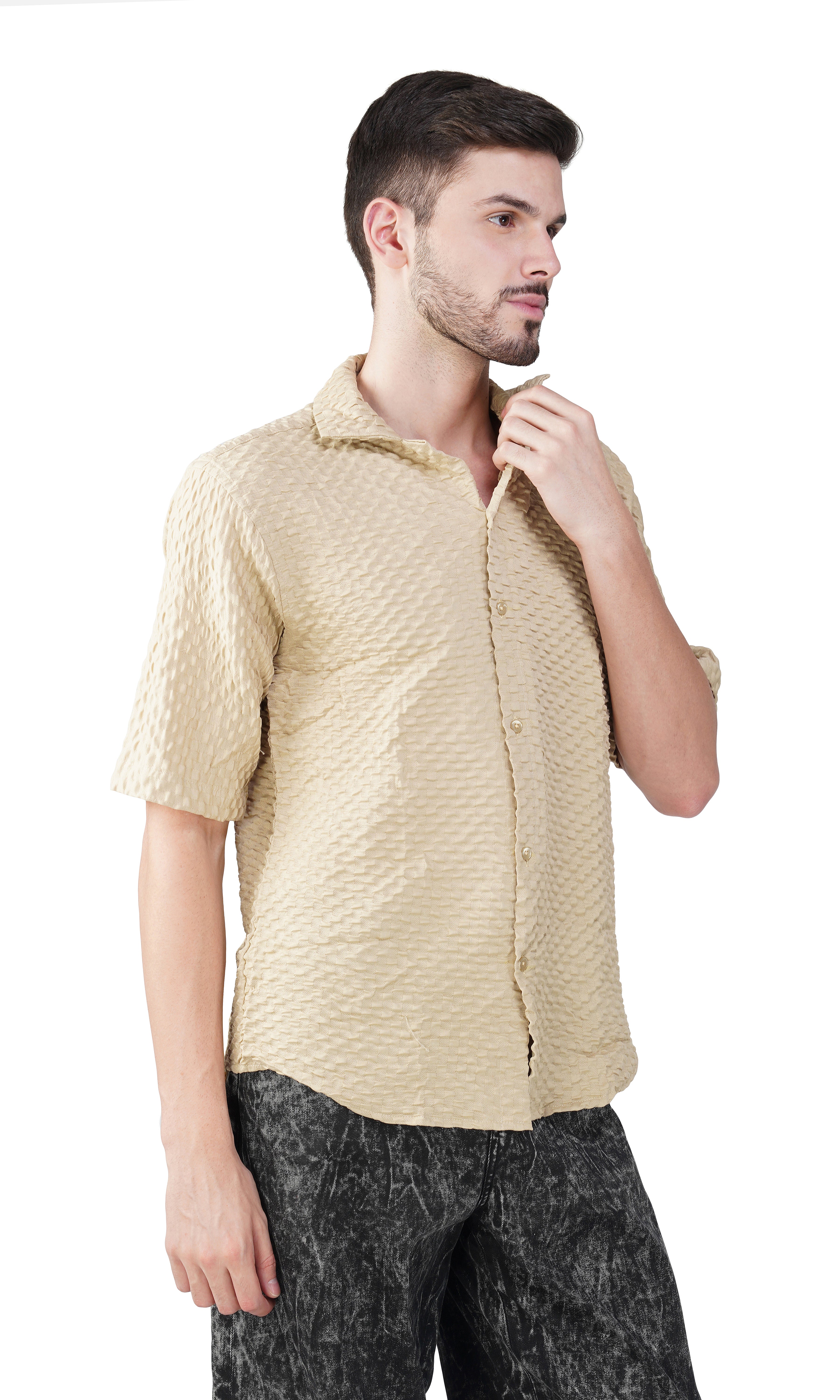 RYON POPCORN GOLDEN HALF SLEEVE CAMP COLLAR SHIRT