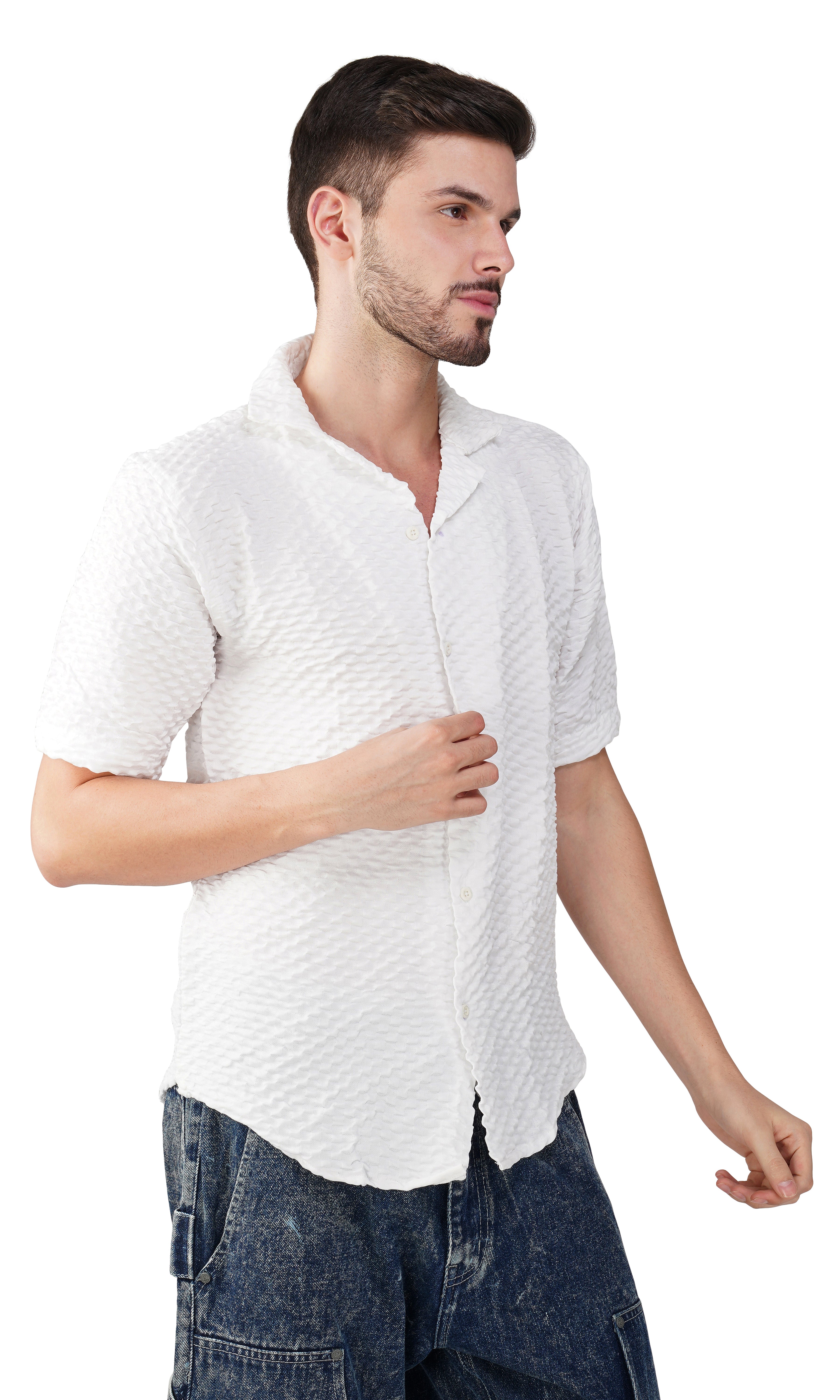 RYON POPCORN WHITE HALF SLEEVE CAMP COLLAR SHIRT