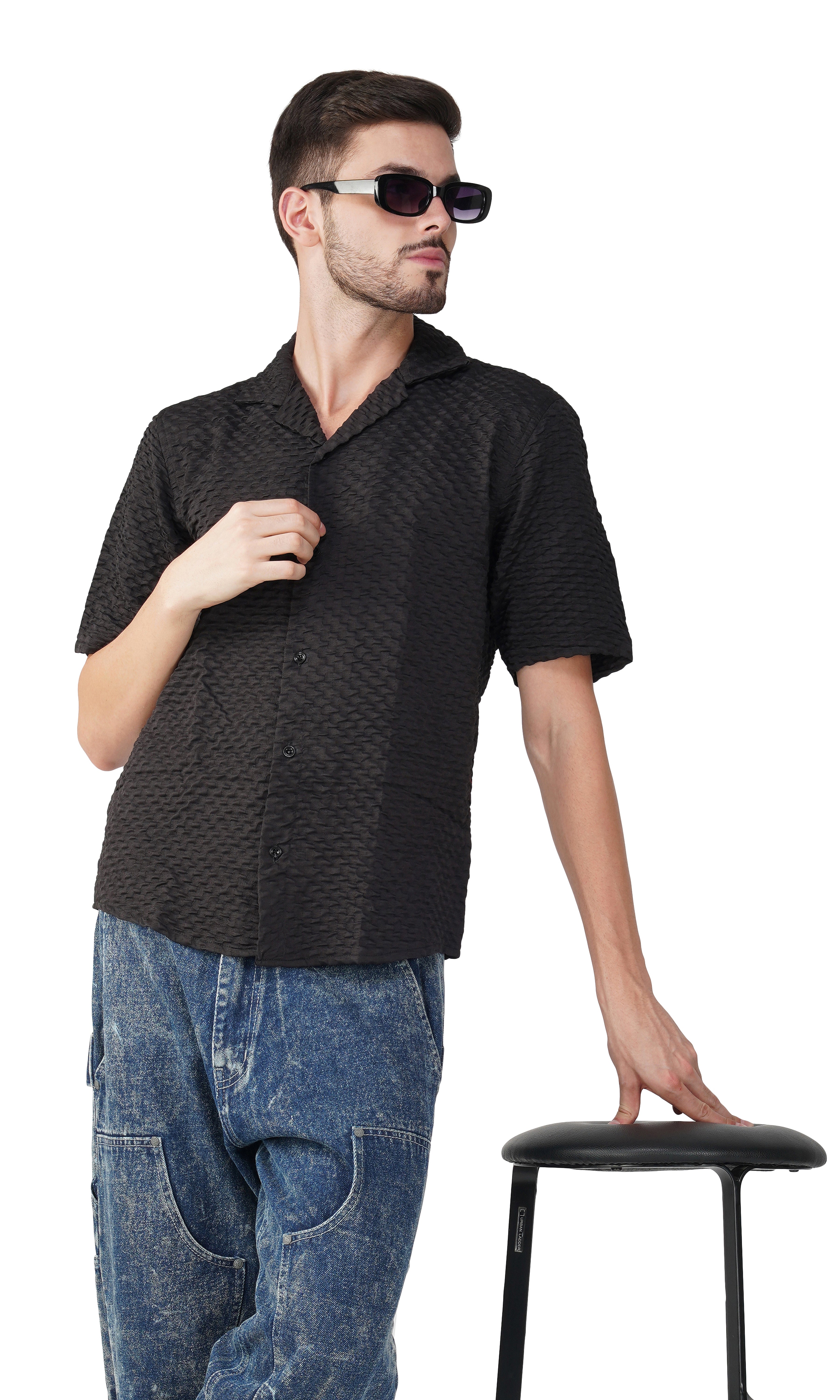 RYON POPCORN BLACK HALF SLEEVE CAMP COLLAR SHIRT