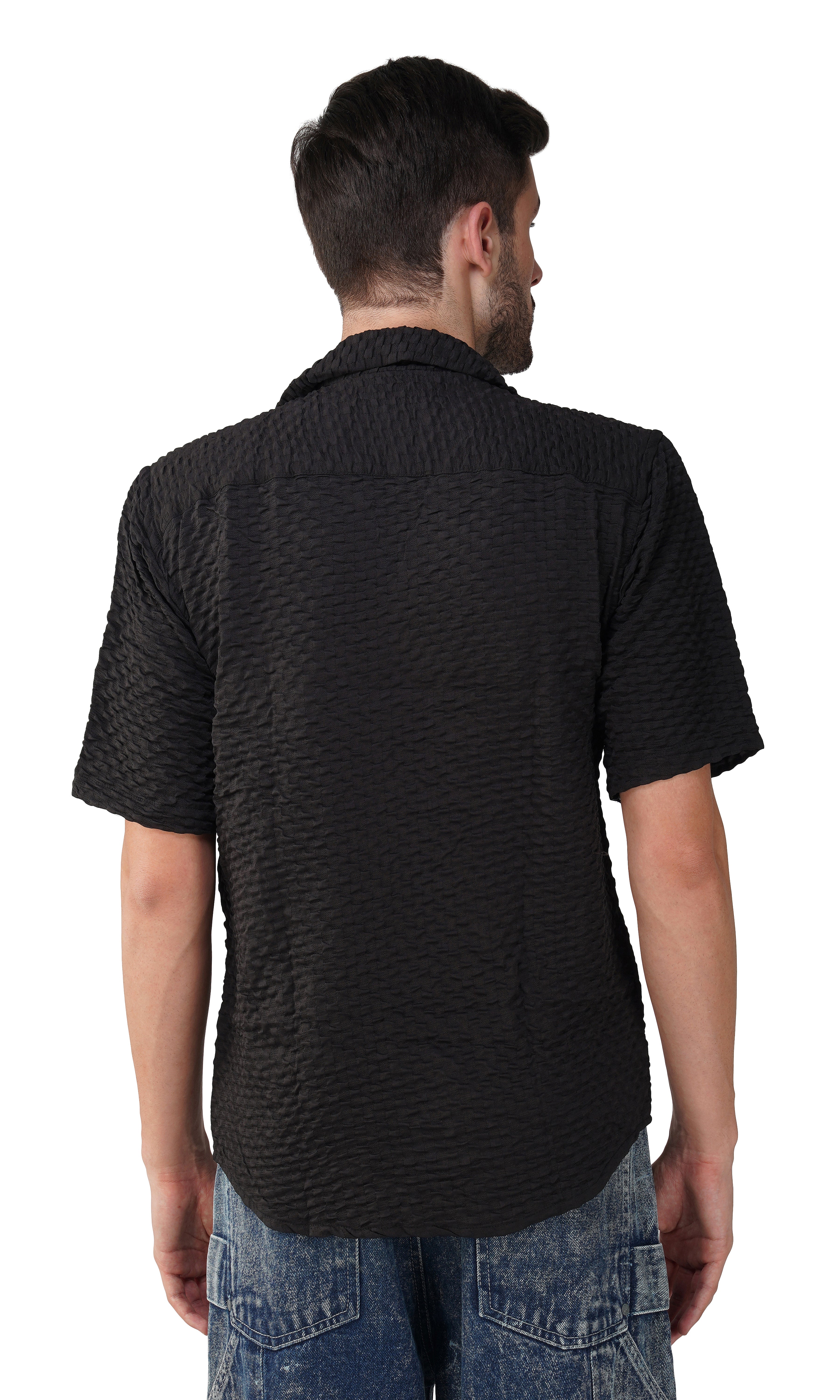 RYON POPCORN BLACK HALF SLEEVE CAMP COLLAR SHIRT