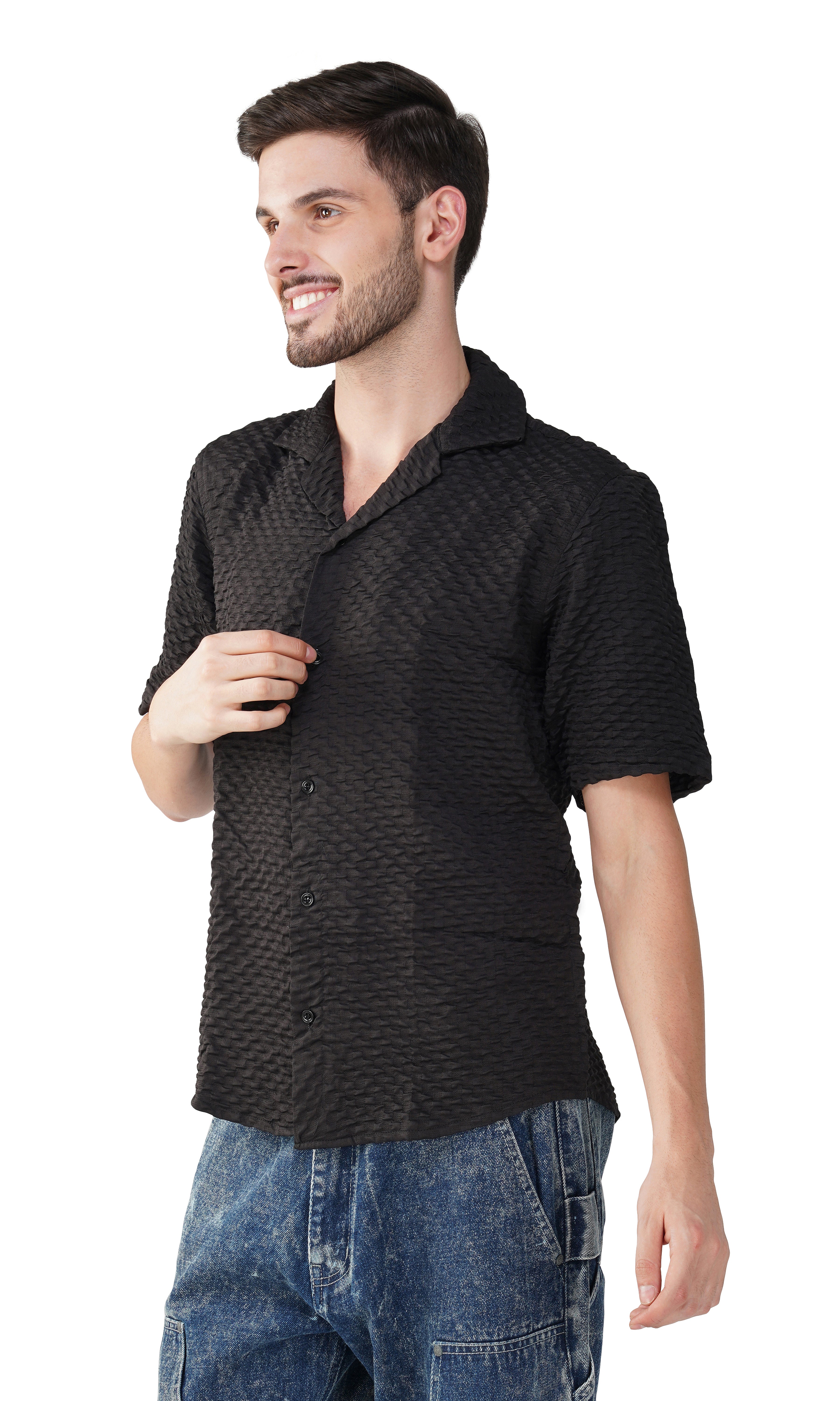 RYON POPCORN BLACK HALF SLEEVE CAMP COLLAR SHIRT