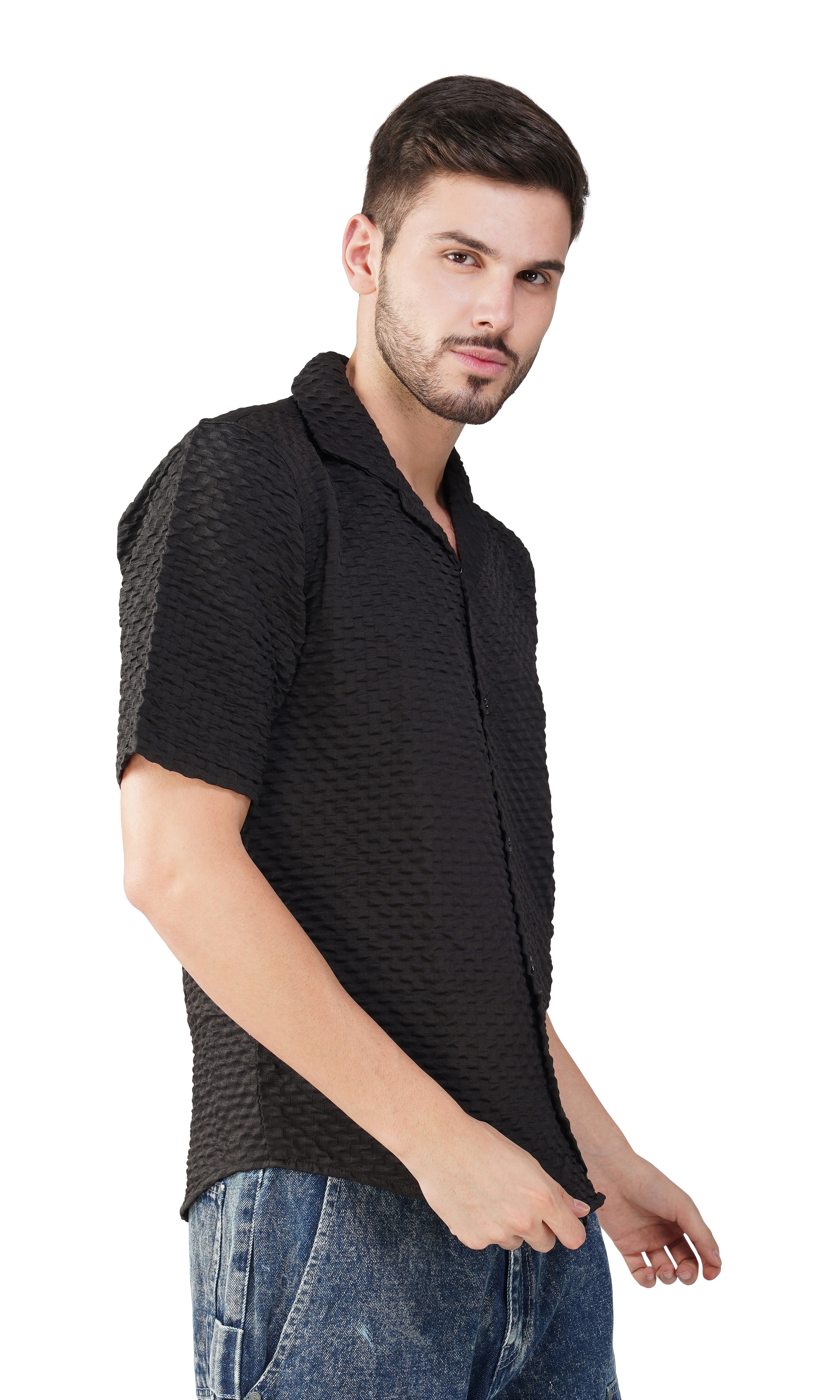 RYON POPCORN BLACK HALF SLEEVE CAMP COLLAR SHIRT