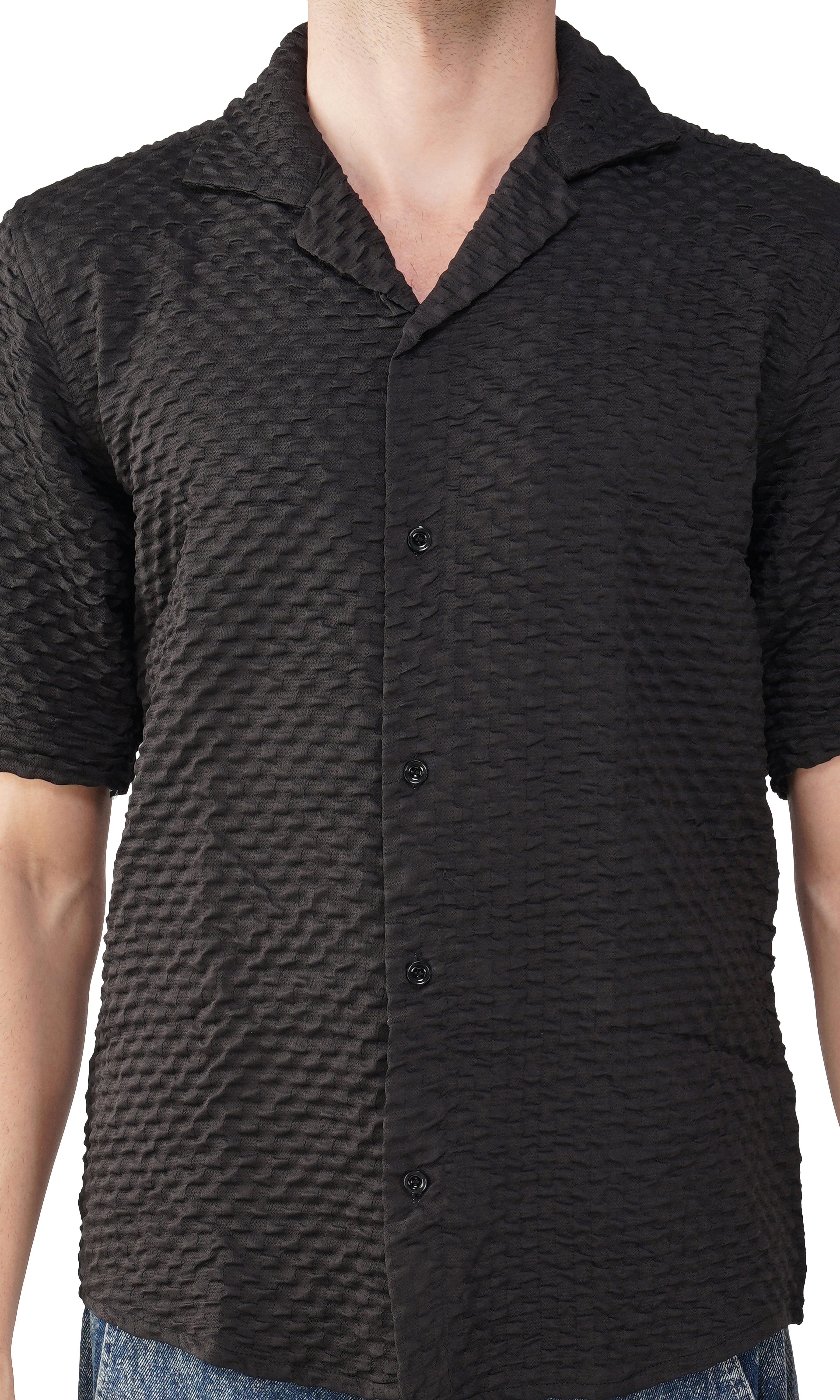 RYON POPCORN BLACK HALF SLEEVE CAMP COLLAR SHIRT