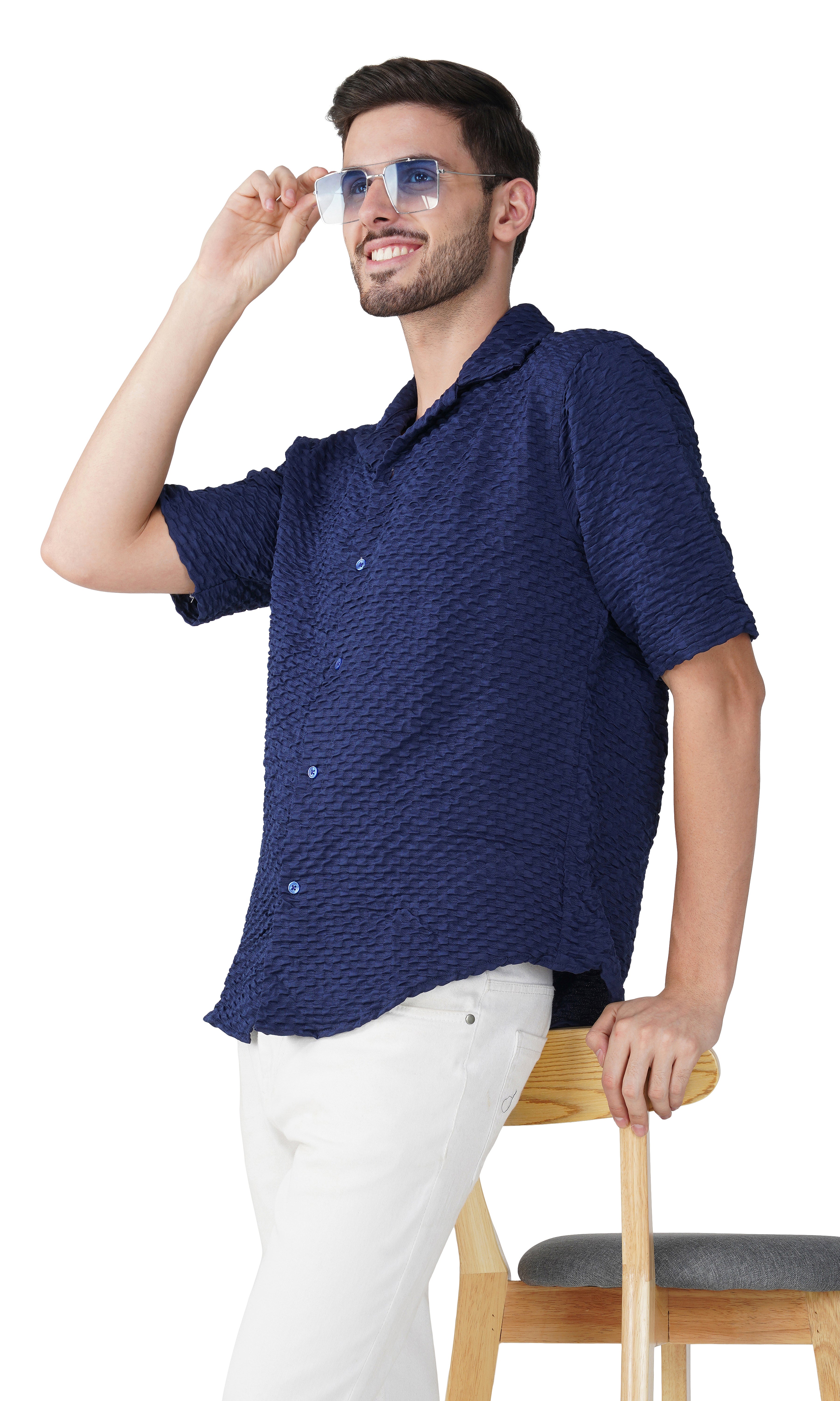 RYON POPCORN MID BLUE HALF SLEEVE CAMP COLLAR SHIRT