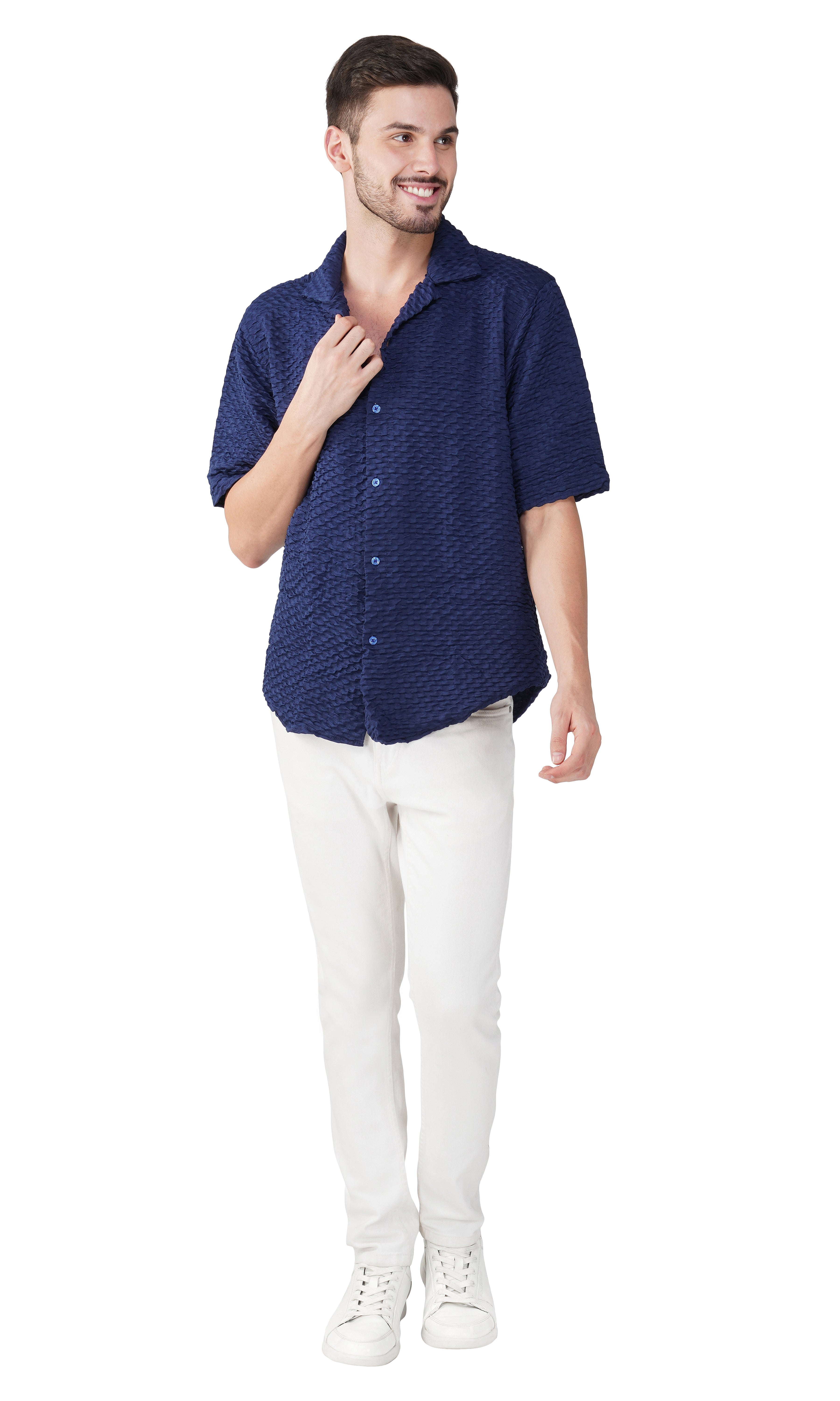 RYON POPCORN MID BLUE HALF SLEEVE CAMP COLLAR SHIRT