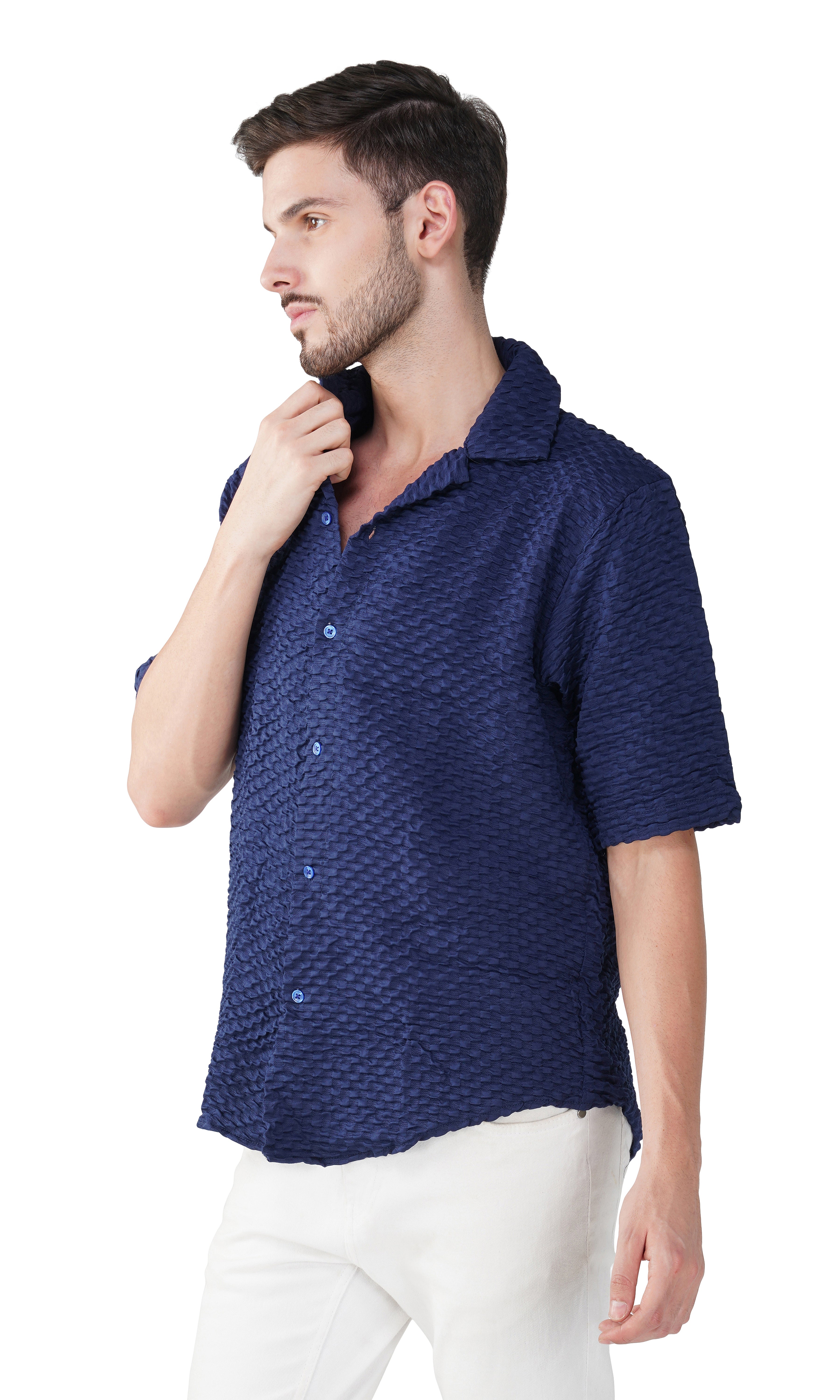 RYON POPCORN MID BLUE HALF SLEEVE CAMP COLLAR SHIRT