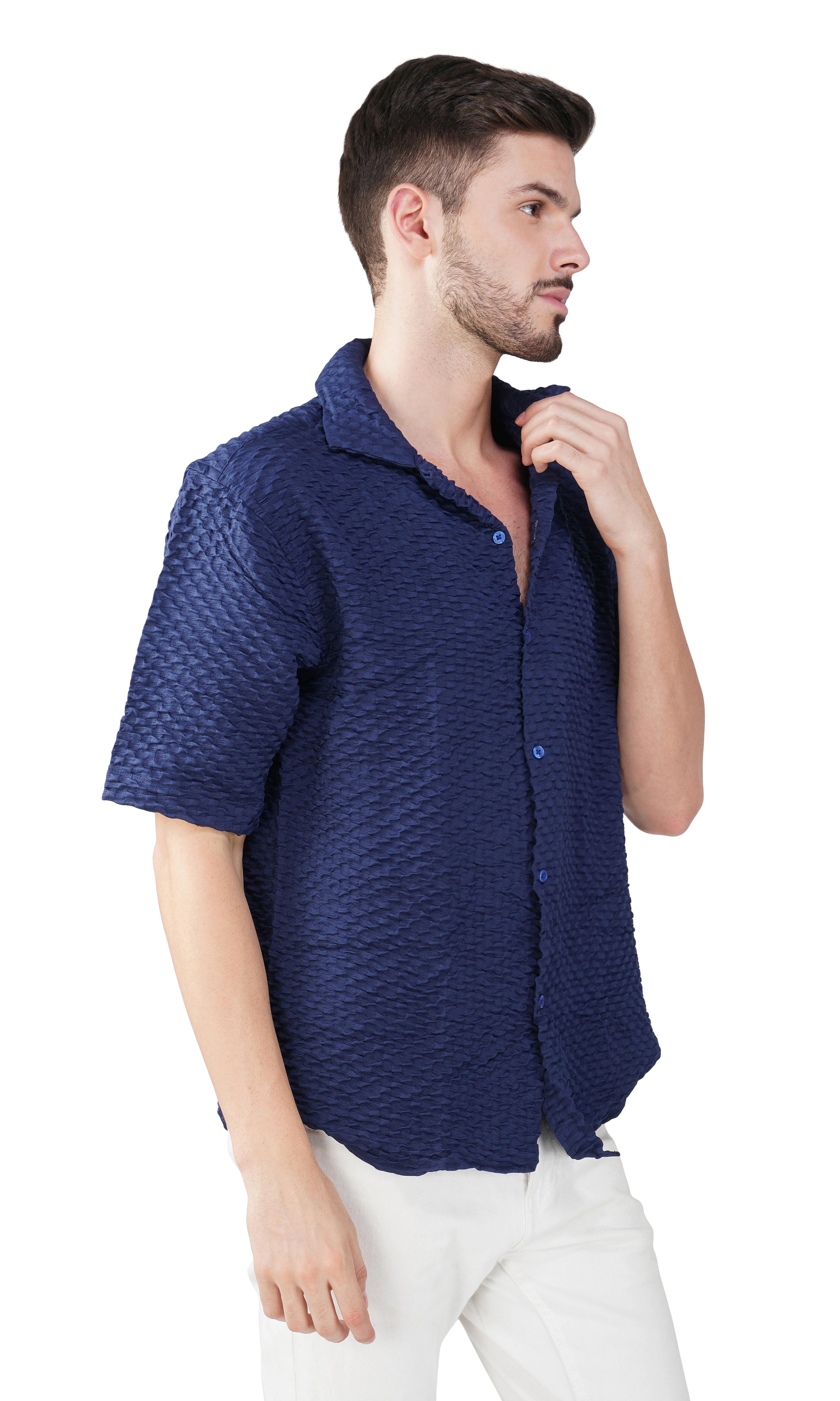 RYON POPCORN MID BLUE HALF SLEEVE CAMP COLLAR SHIRT