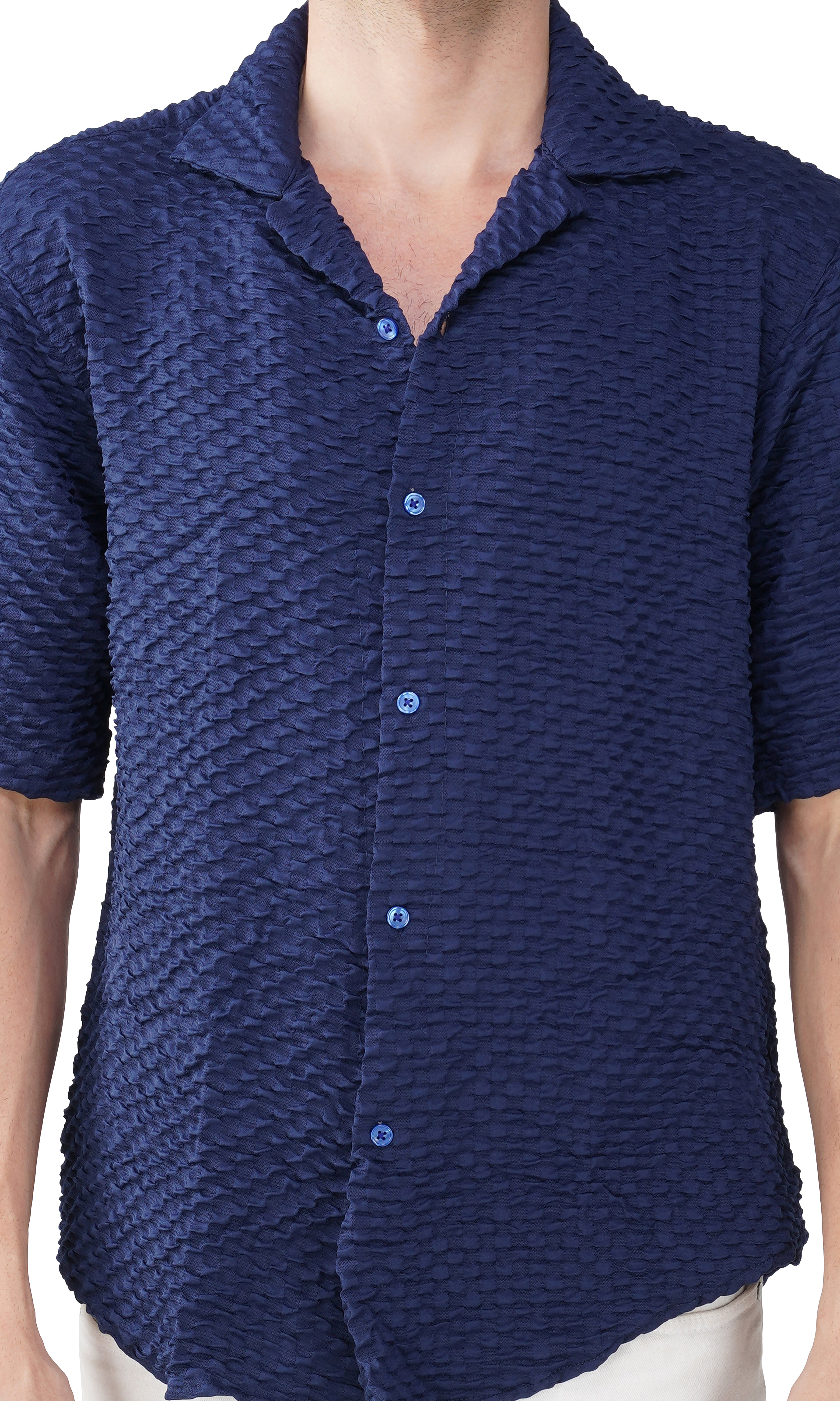 RYON POPCORN MID BLUE HALF SLEEVE CAMP COLLAR SHIRT