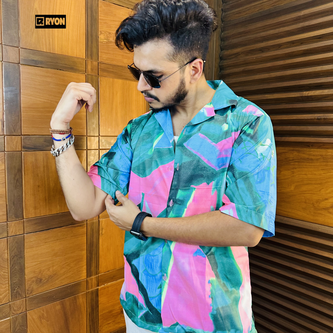 BUY RYON PREMIUM GREEN AND PINK ABSTRACT PRINTED CAMP COLLAR RESORT SHIRT WITH DROP SHOULDER SLEEVS | RYON