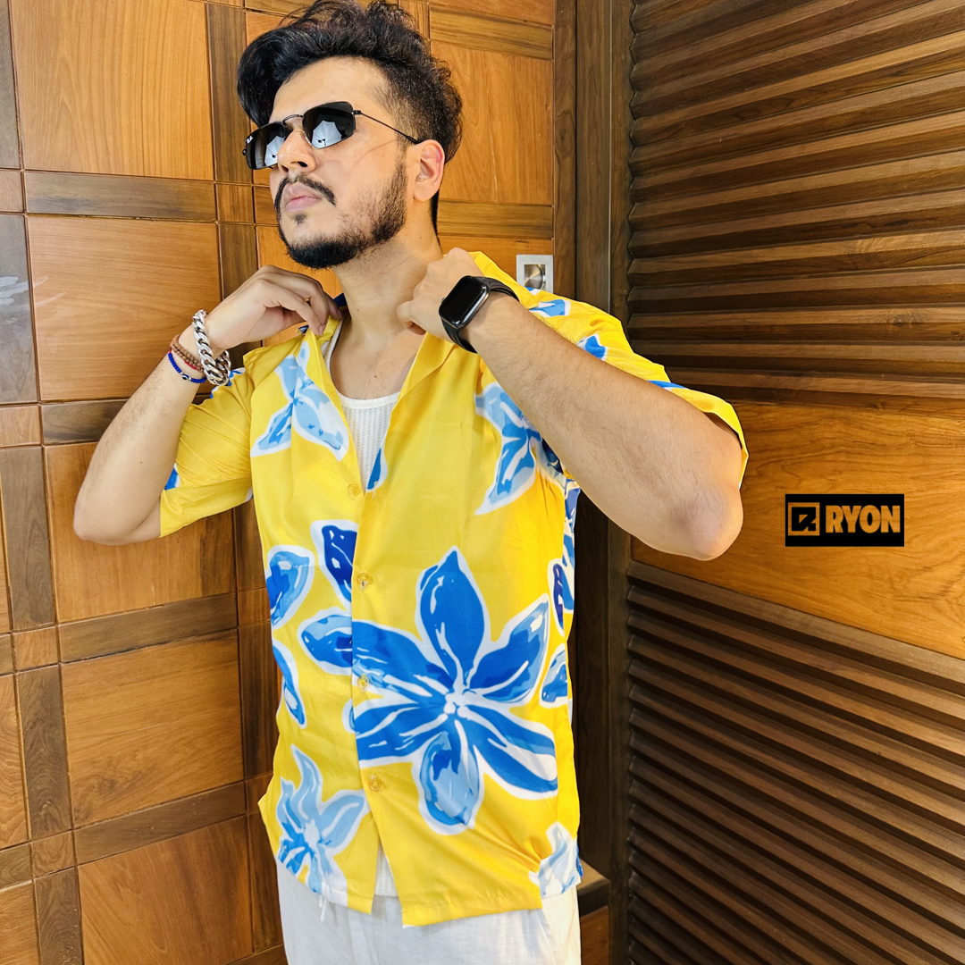 BIG FLORAL YELLOW HAWAII SHIRT WITH CAMP COLLAR AND DROP SHOULDERS