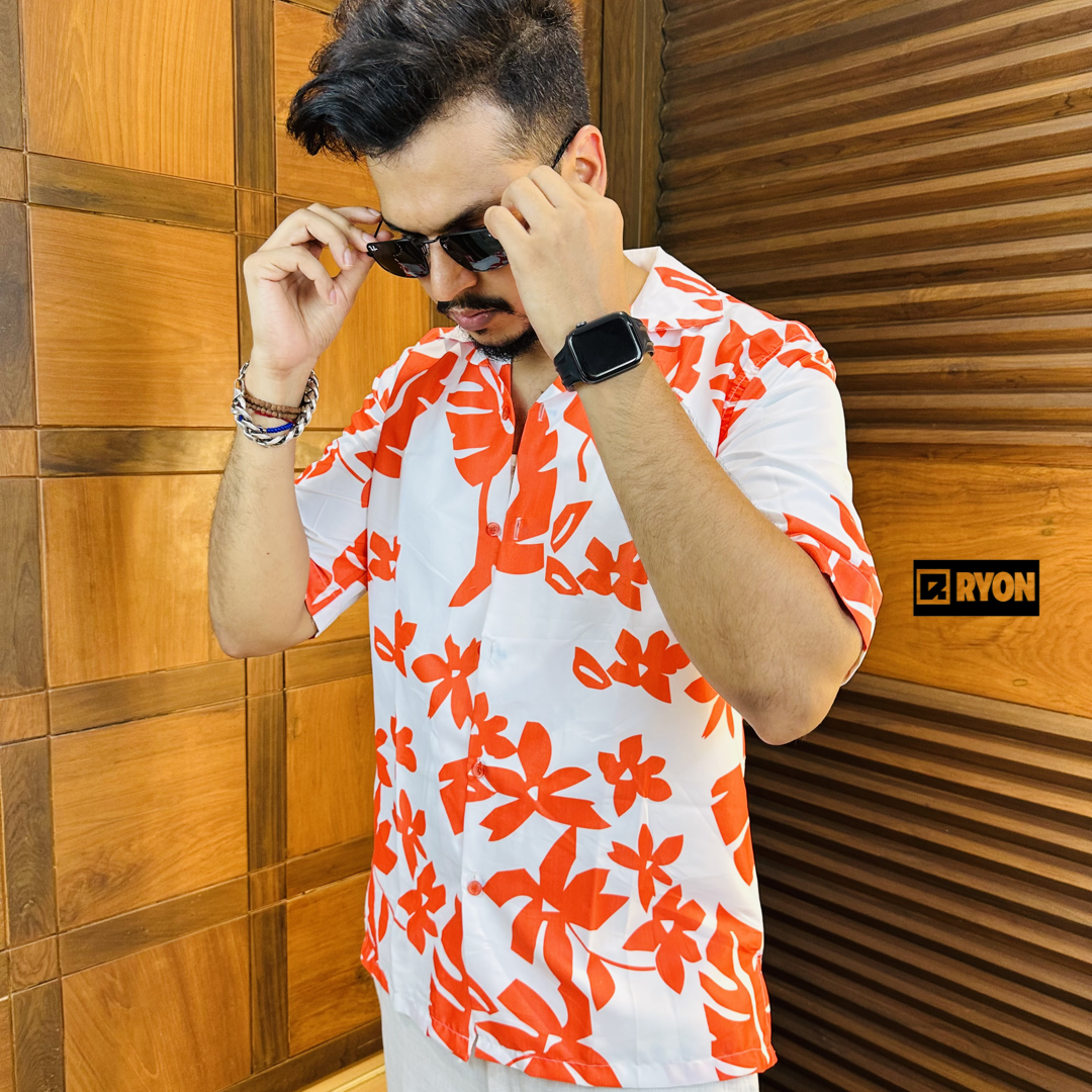 BUY RYON ORANGE FLORAL WITH WHITE COMBINATION CAMP COLLAR BEACH SHIRT | RYON