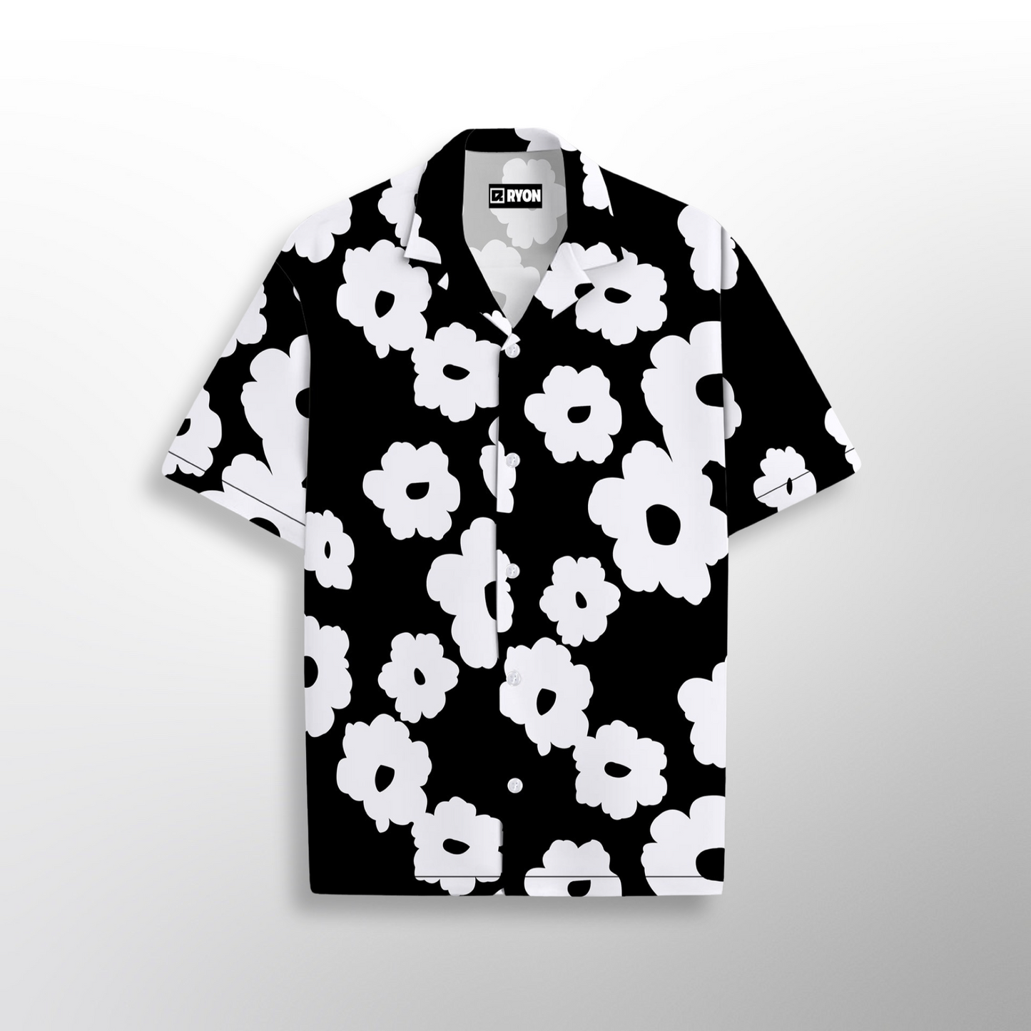 BLACK AND WHITE FLORAL PATTERN PRINT CAMP COLLAR RELAXED-FIT RESORT SHIRT