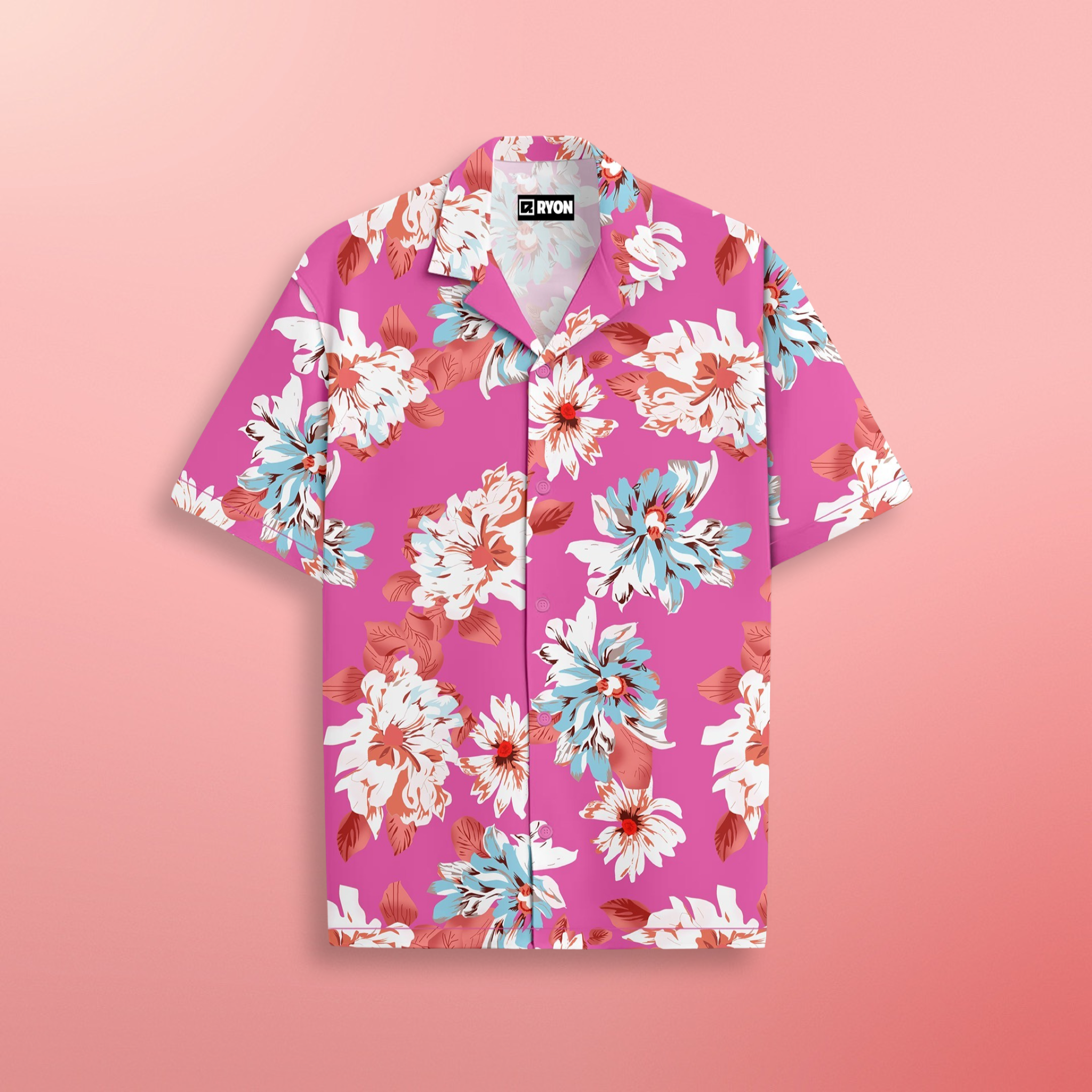 RYON PINK FLORAL PATTERN PRINT CAMP COLLAR RELAXED-FIT RESORT SHIRT