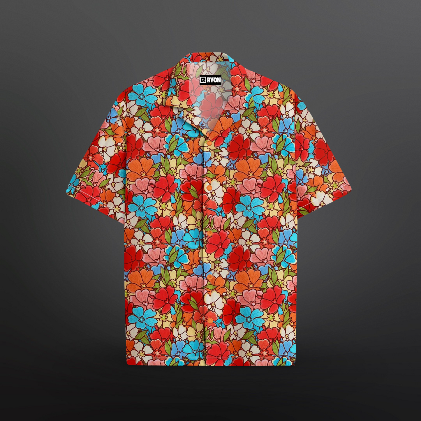 RED MULTI FLORAL PATTERN PRINT CAMP COLLAR RELAXED-FIT RESORT SHIRT