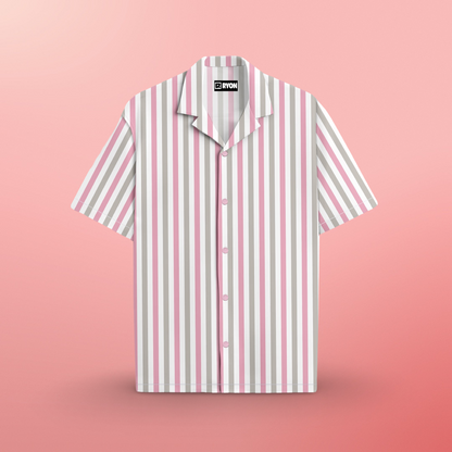PINK & GREY STRIPS PATTERN PRINT CAMP COLLAR RELAXED-FIT RESORT SHIRT