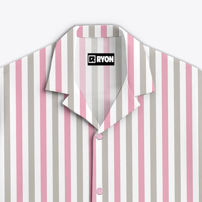 BUY PINK & GREY STRIPS PATTERN PRINT CAMP COLLAR RELAXED-FIT RESORT SHIRT