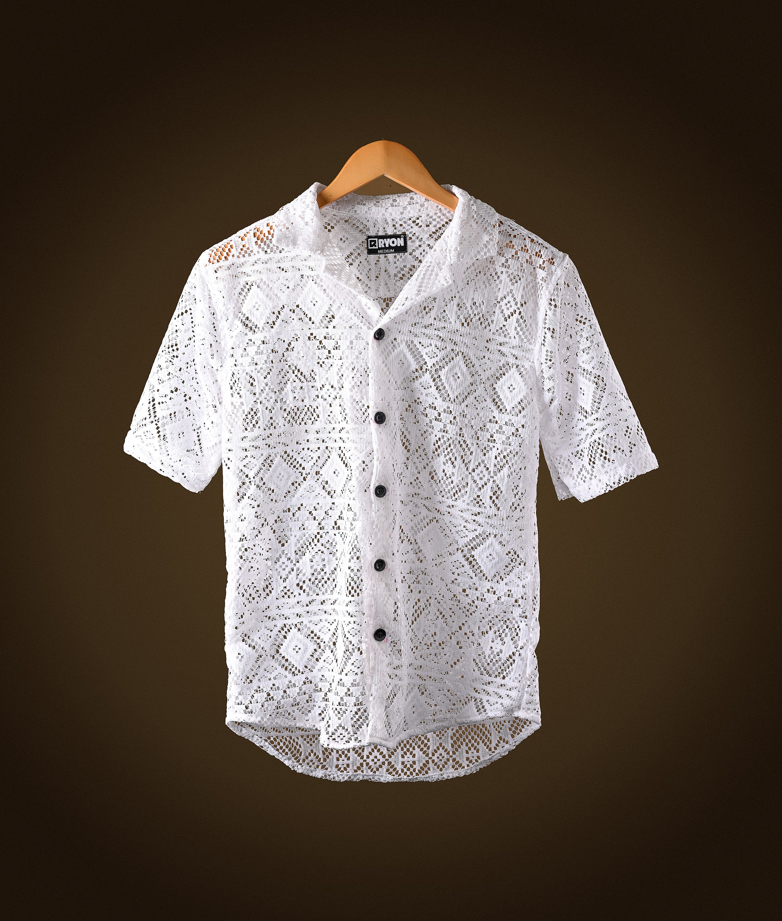 RYON WHITE HALF SLEEVE CAMP COLLAR CROCHET SHIRT