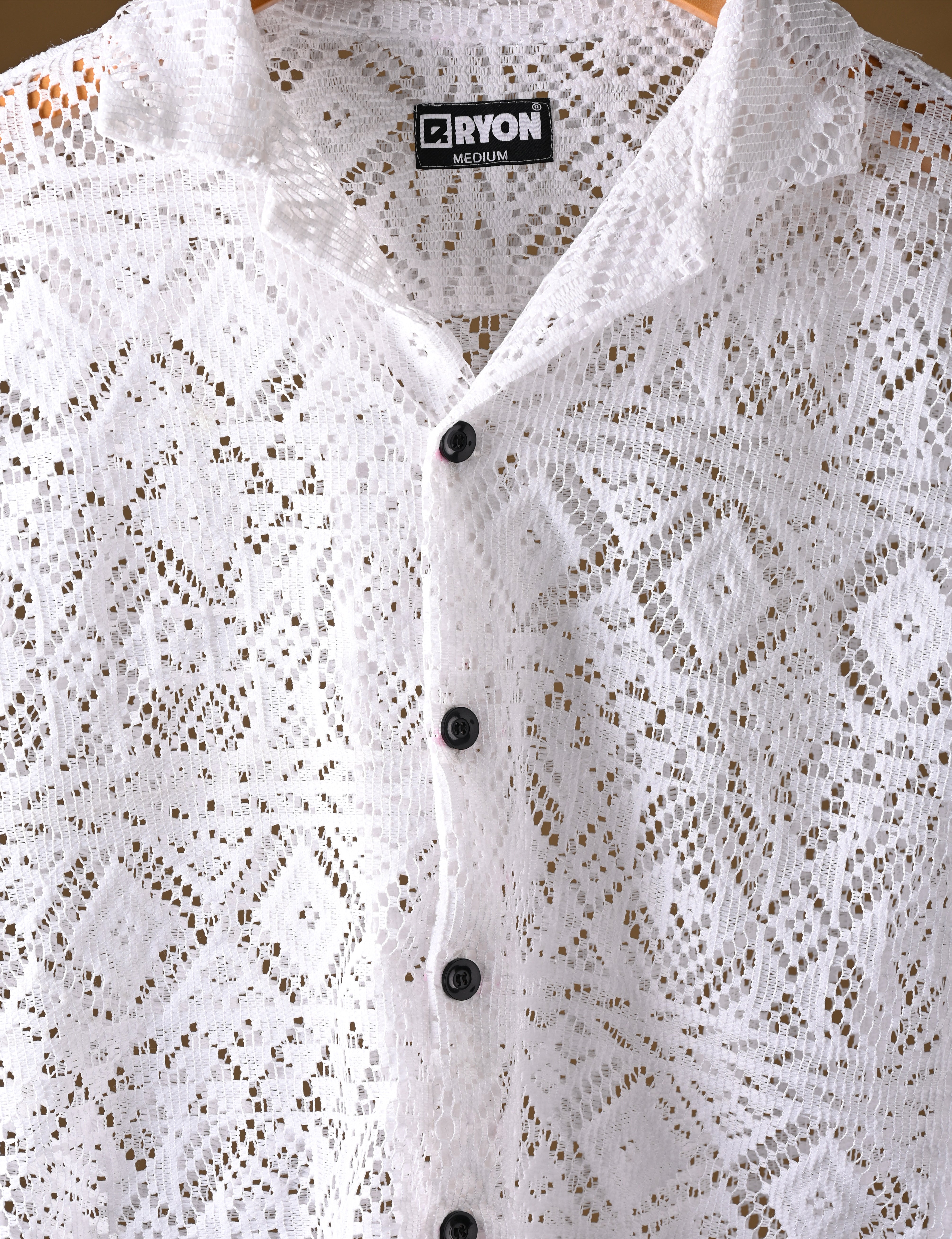 RYON WHITE HALF SLEEVE CAMP COLLAR CROCHET SHIRT