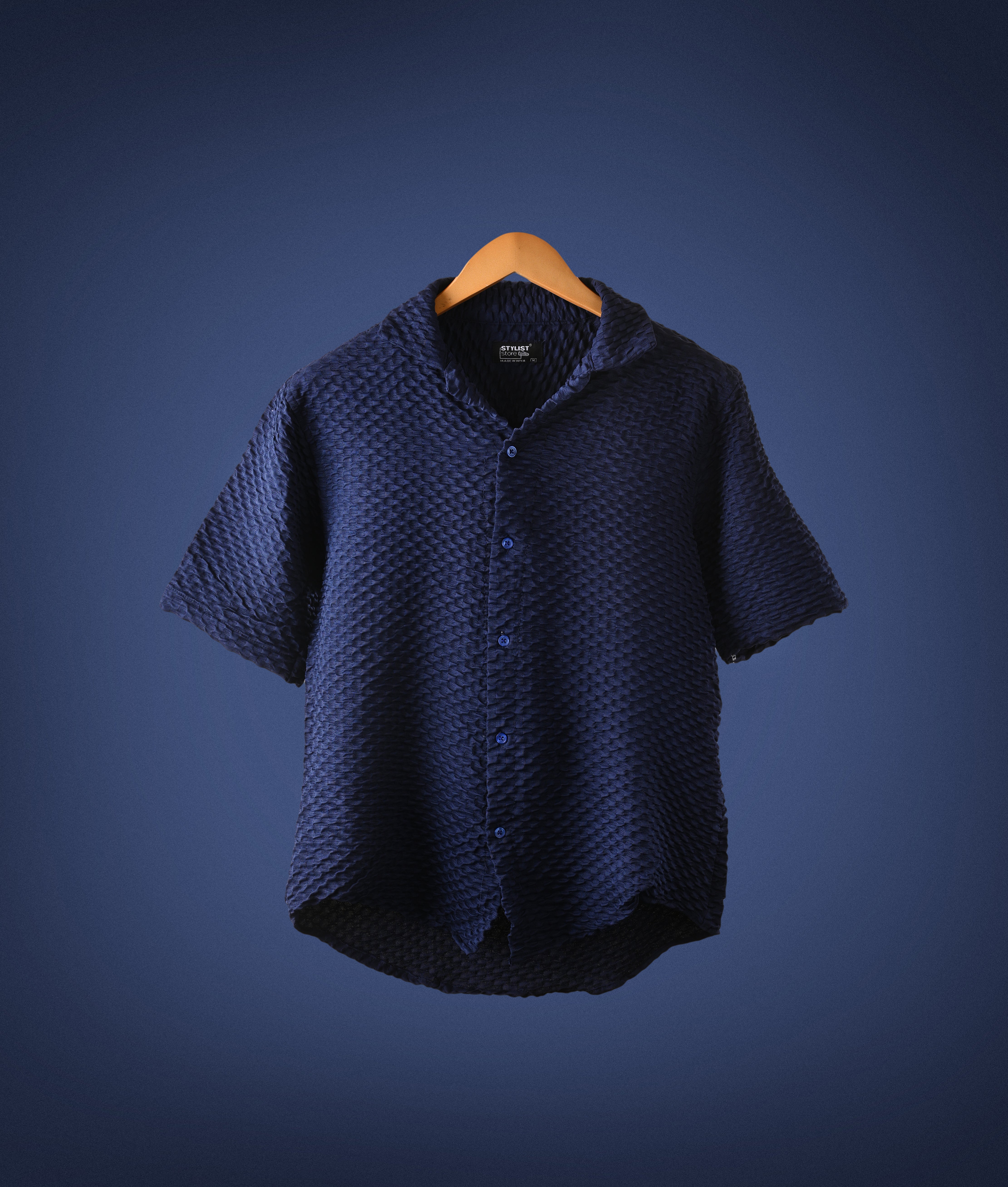 RYON POPCORN MID BLUE HALF SLEEVE CAMP COLLAR SHIRT