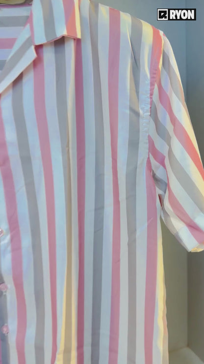 PINK & GREY STRIPS PATTERN PRINT CAMP COLLAR RELAXED-FIT RESORT SHIRT