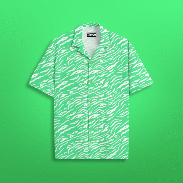 RYON PARROT GREEN ZYBRA PATTERN CAMP COLLAR RESORT SHIRT WITH DROP SHOLDERS SLEEVES
