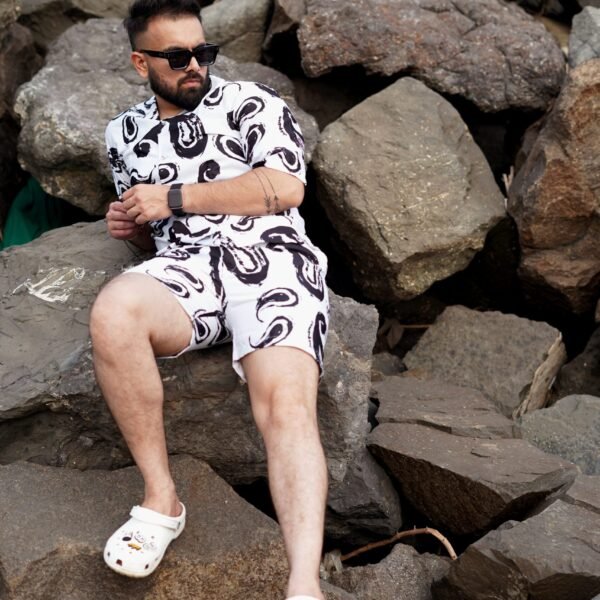 RYON ROYAL BLACK PATTERN WHITE CAMP COLLAR DROP SHOULDER RESORT SHIRT CO ORD SET