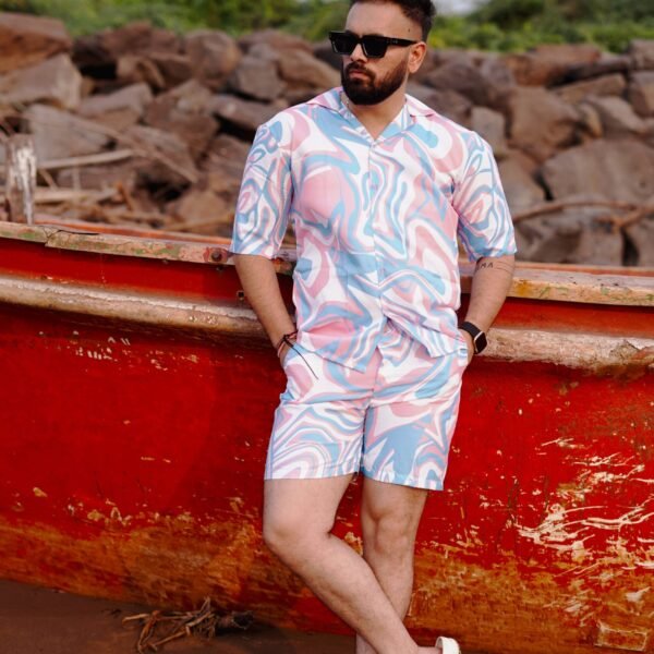 RYON BLUE AND PINK MARBLE PATTERN PRINT CAMP COLLAR RELAXED-FIT RESORT SHIRT CO ORD SET