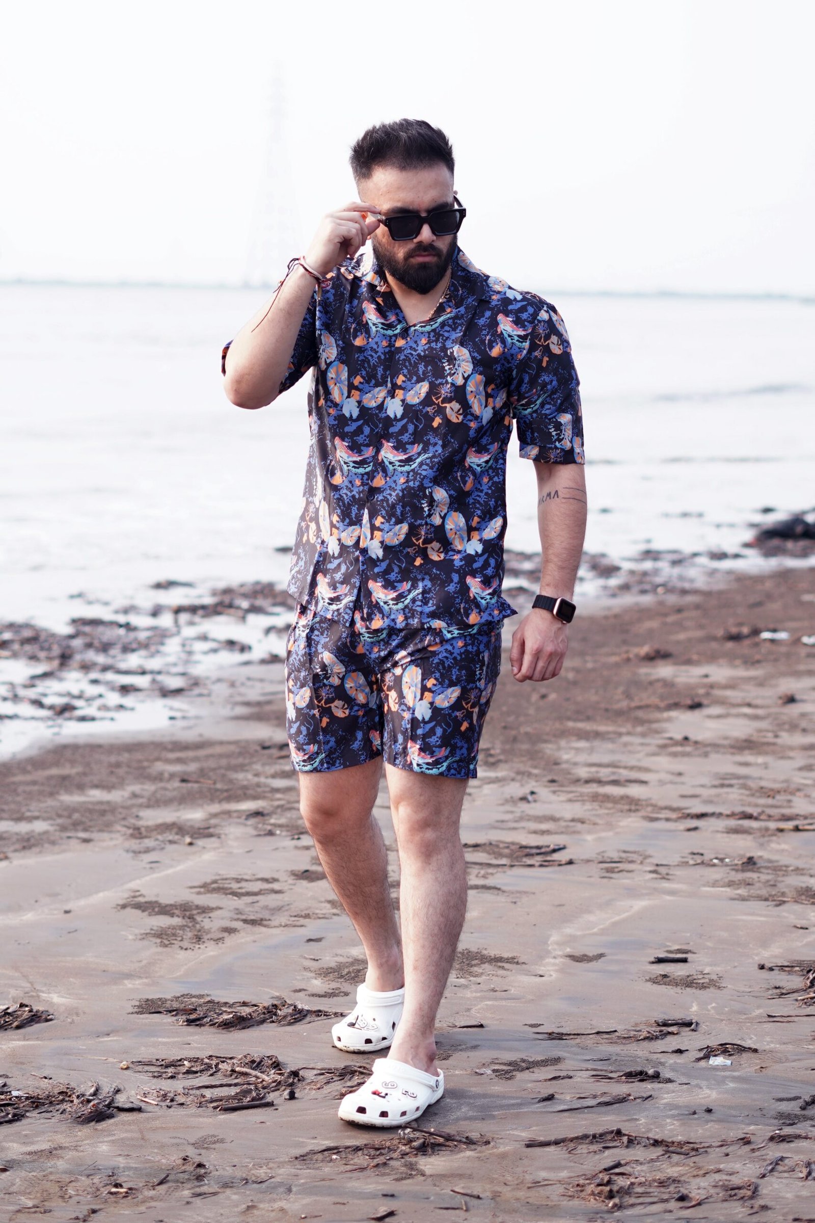 RYON AUQA PATTERN DARK BLUE CAMP COLLAR RESORT SHIRT WITH DROP SHOULDER CO ORD SET