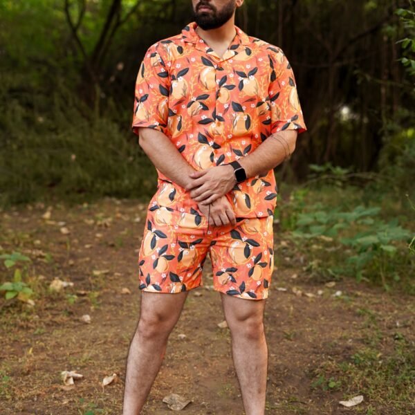 RYON ORANGE FRUIT PATTERN DESING SHIRT WITH CAMP COLLAR AND DROP SHOULDER SLEEVES CO ORD SET