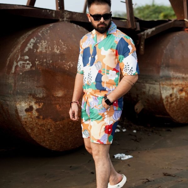 RYON MULTI COLOUR INFERNO CAMP COLLAR DROP SHOULDER RESORT SHIRT CO ORD SET