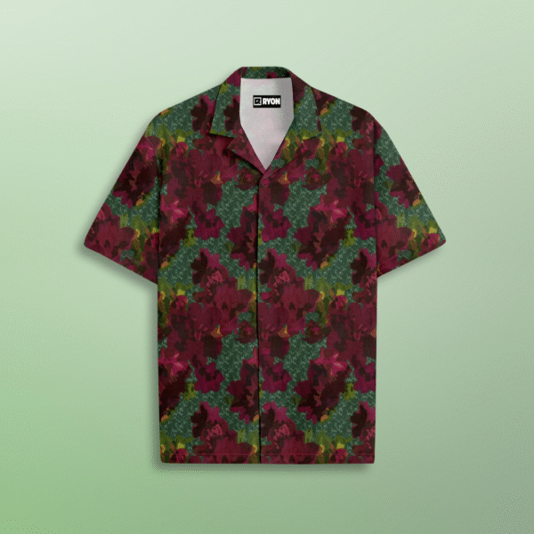 RYON MAROON AND GREEN FLORAL PATTERN PRINT CAMP COLLAR RELAXED-FIT RESORT SHIRT
