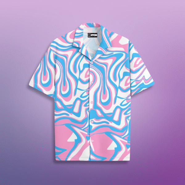RYON BLUE AND PINK MARBLE PATTERN PRINT CAMP COLLAR RELAXED-FIT RESORT SHIRT