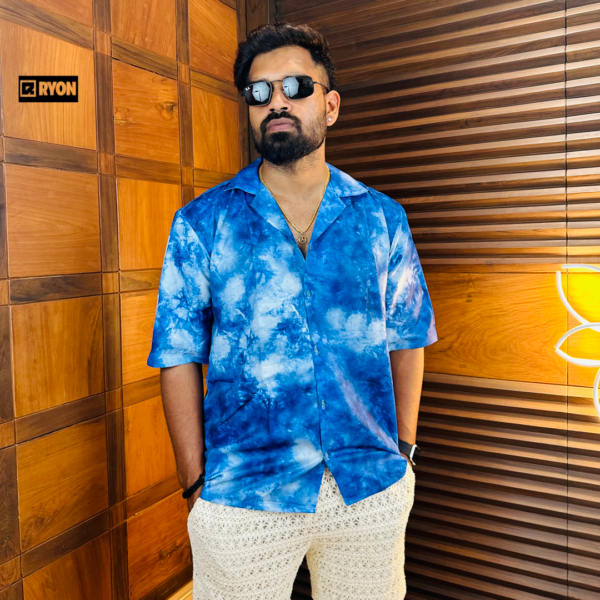 RYON BLUE TIE DYE PRINT CAMP COLLAR RELAXED-FIT RESORT SHIRT