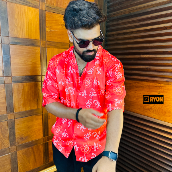 RYON BANDHANI RED PATTERN NAVRATRI CAMP COLLAR RELAXED-FIT SHIRT