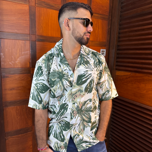 RYON GREEN FLORAL PATTERN PRINT CAMP COLLAR RELAXED-FIT RESORT SHIRT