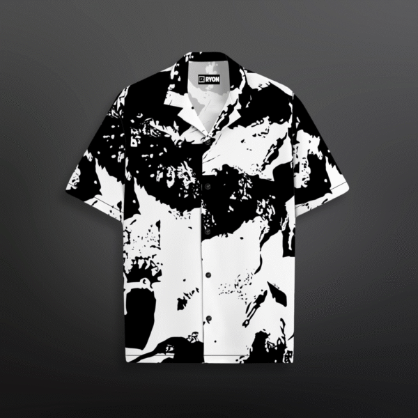 RYON BLACK AND WHITE TIE DYE PRINT CAMP COLLAR RELAXED-FIT RESORT SHIRT
