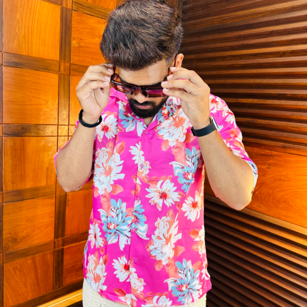 RYON PINK FLORAL PATTERN PRINT CAMP COLLAR RELAXED-FIT RESORT SHIRT