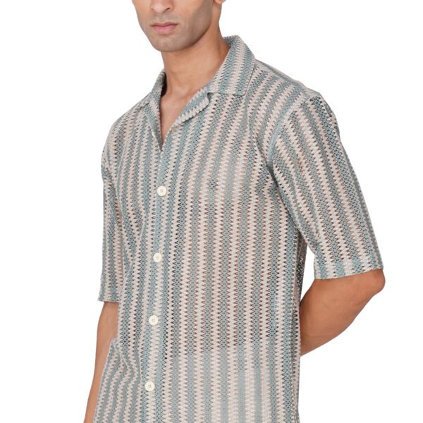RYON OFF WHITE AND PACIFIC BLUE HALF SLEEVE CAMP COLLAR CROCHET SHIRT
