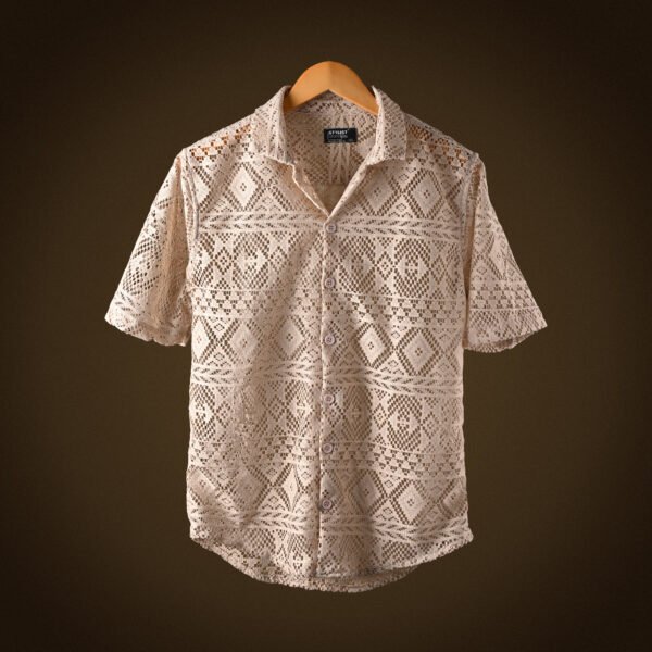 RYON OFF WHITE GOLD HALF SLEEVE CAMP COLLAR CROCHET SHIRT