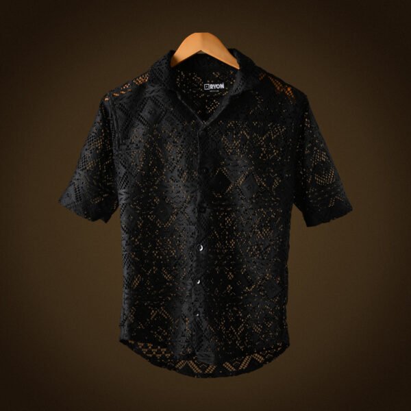 RYON BLACK HALF SLEEVE CAMP COLLAR ZIGZAG CROCHET SHIRT
