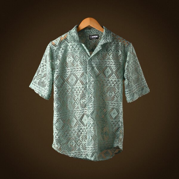 RYON OLIVE GREEN HALF SLEEVE CAMP COLLAR CROCHET SHIRT