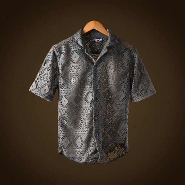 RYON GREY HALF SLEEVE CAMP COLLAR CROCHET SHIRT