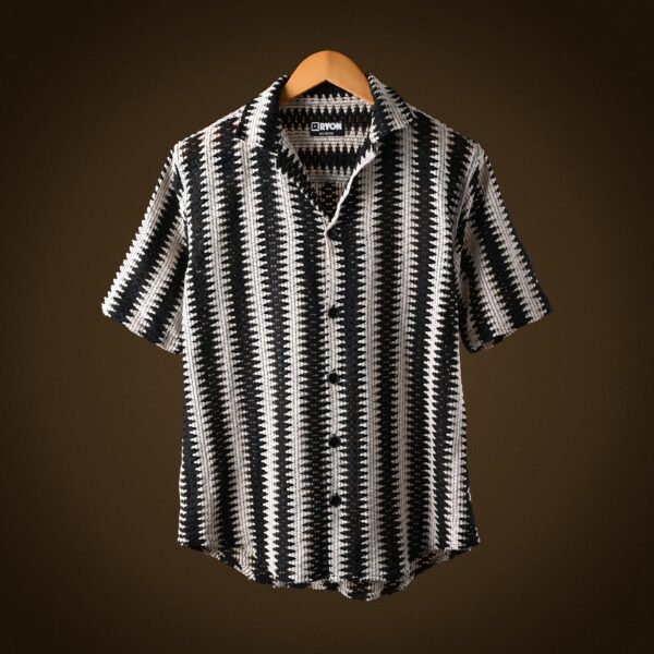 RYON BLACK AND WHITE HALF SLEEVE CAMP COLLAR CROCHET SHIRT