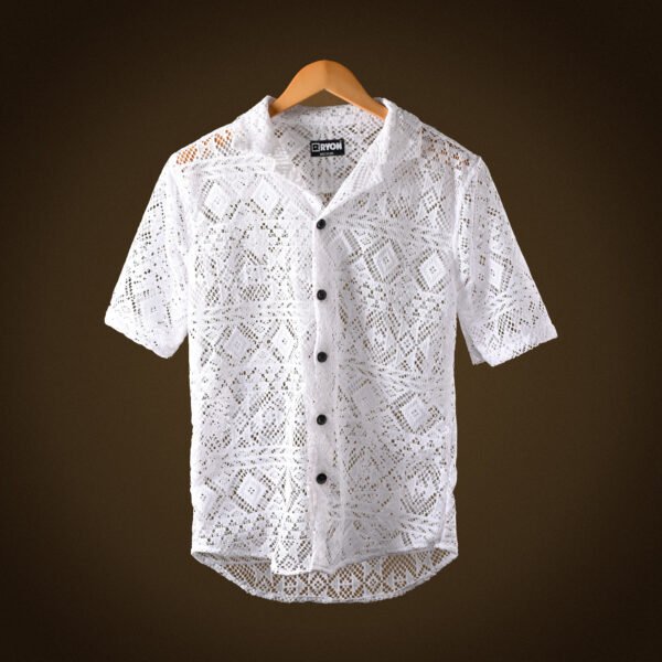 RYON WHITE HALF SLEEVE CAMP COLLAR ZIGZAG CROCHET SHIRT